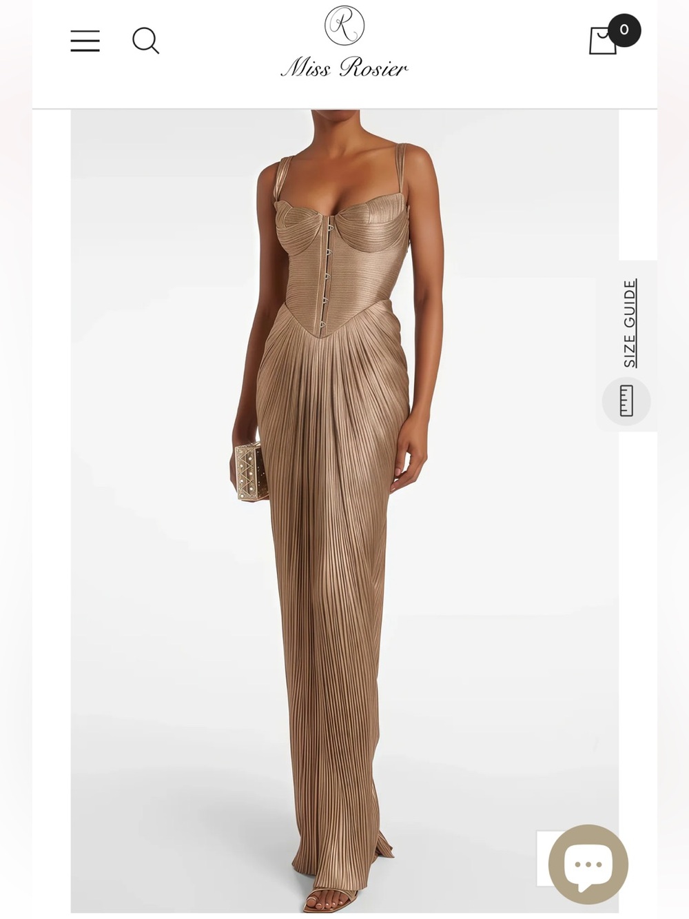 Miss Rosier Nicoletta Gold Glossy Pleated Corset Maxi Dress